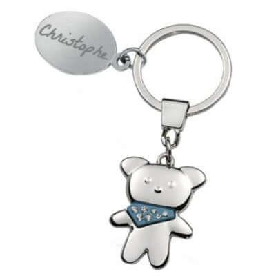 Personalized gold heart pendant Photo Engraving, boy silver teddy bear with blue scarf, engraved key ring.