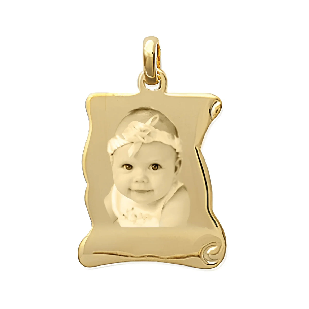 Colgante de pergamino dorado con foto grabada personalizada y foto grabada de un bebé sonriente