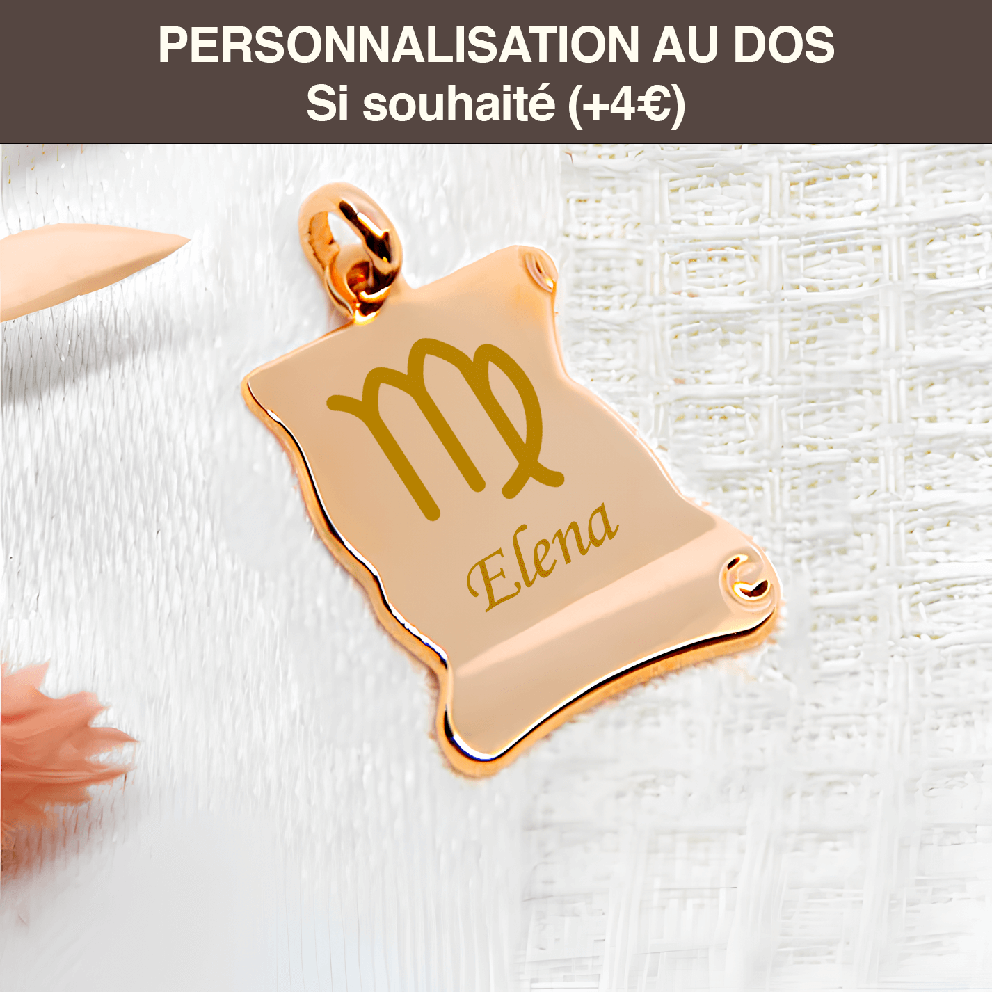 Parchemin plaqué or personnalisable avec gravure photo et texte au dos, bijou élégant et cadeau unique.