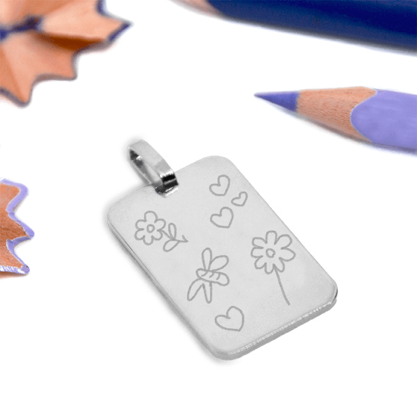 Pendentif rectangle argent gravure dessin enfant - Souvenirs uniques