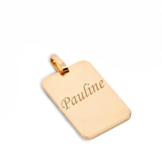 Pendentif rectangle plaqué or 750 gravé avec le nom Pauline, pour un cadeau personnalisé.