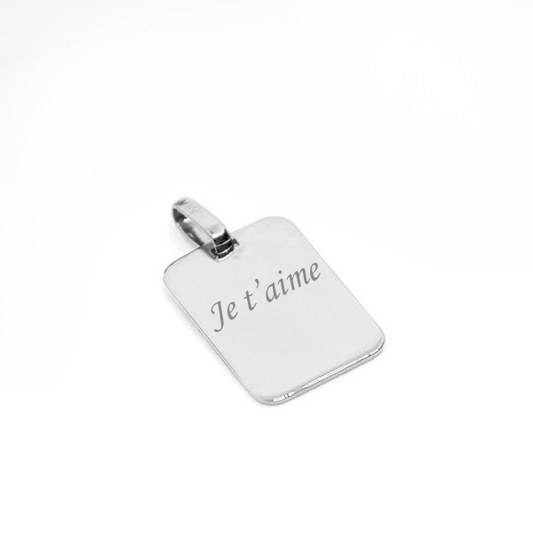 Pendentif rectangle moyen en argent 925 gravé avec texte 'Je t'aime', parfait pour une gravure personnalisée.