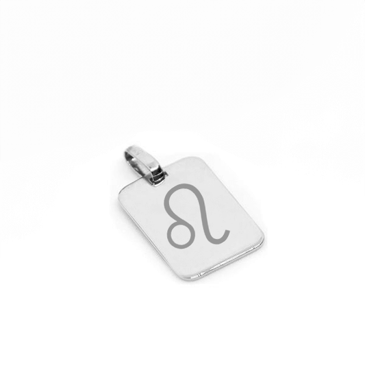 Pendentif rectangle en argent 925 gravé avec le symbole du signe astrologique Lion.