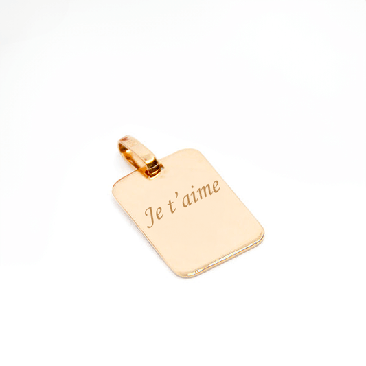 Pendentif rectangle moyen plaqué or 750 avec gravure "Je t'aime", idéal pour un cadeau personnalisé.