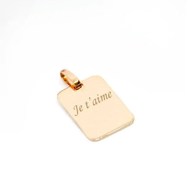 Medium 750 gold-plated rectangle pendant with "I love you" engraving, ideal for a personalized gift.