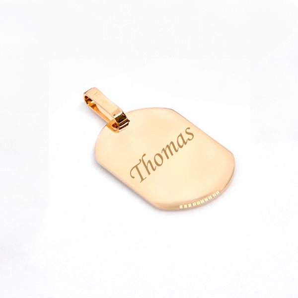 Médaillon tonneau plaqué or 750 gravé avec le nom Thomas, parfait pour un cadeau personnalisé.