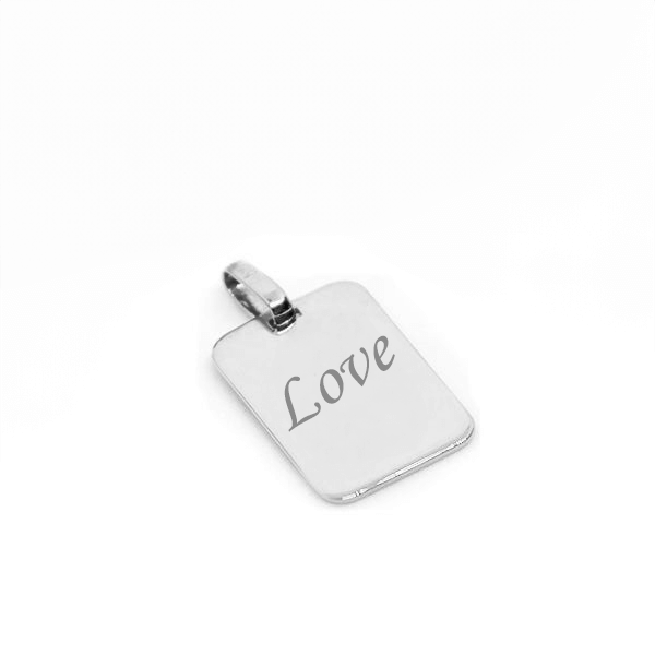Petit pendentif rectangle en argent 925 gravé avec le mot 'Love', idéal pour un cadeau personnalisé.