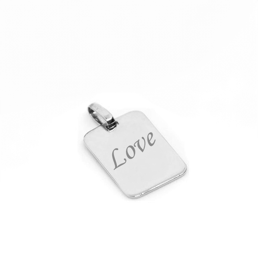 Petit pendentif rectangle en argent 925 gravé avec le mot 'Love', idéal pour un cadeau personnalisé.