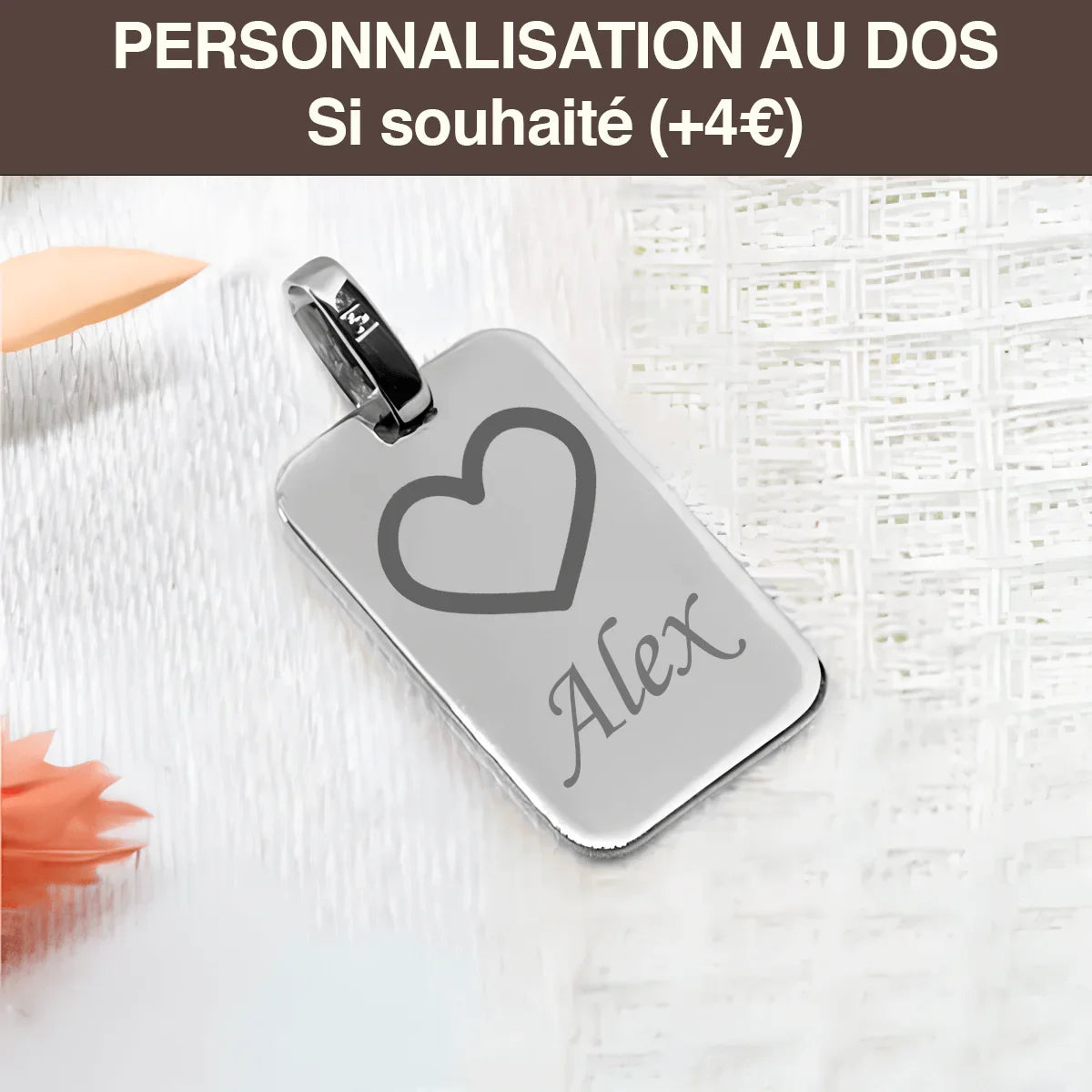 Pendentif cœur personnalisé en or GravurePhoto, gravure personnalisée avec prénom Alex.