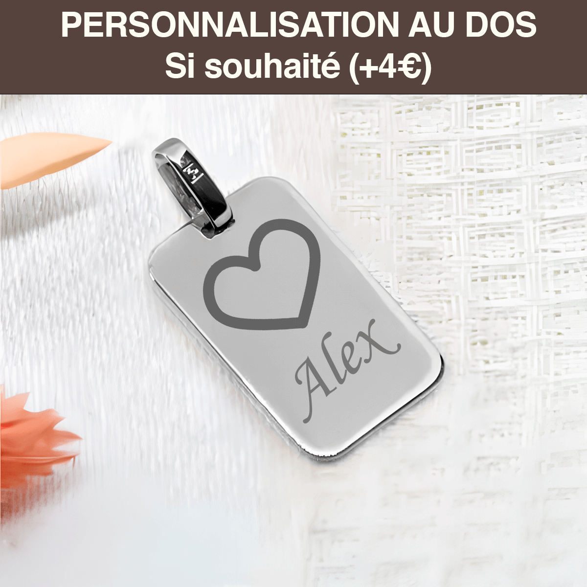 Pendentif rectangle argent 925 gravé d'un dessin enfant personnalisé et possibilité de gravure au dos avec cœur et prénom Alex
