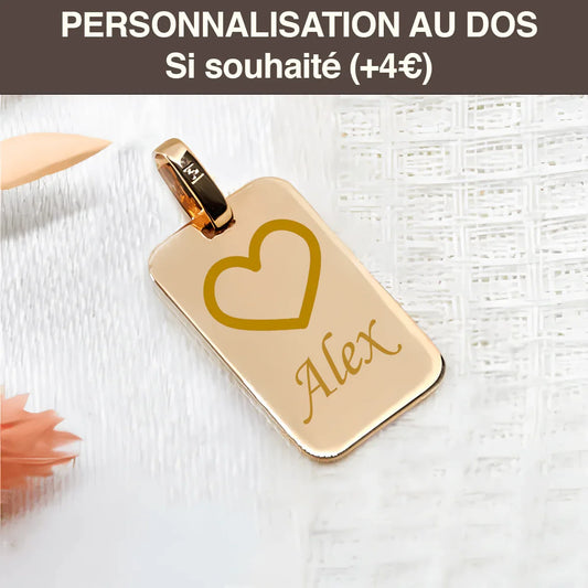 Médaille rectangle en or 9 carats gravée personnalisée avec cœur et prénom Alex, cadeau idéal.