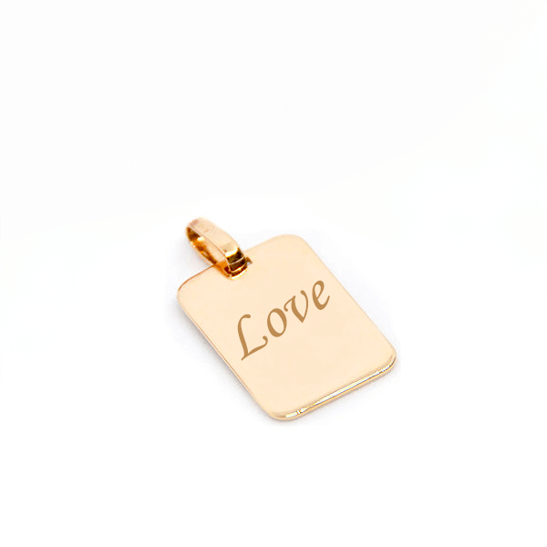 Petit pendentif rectangle en plaqué or 750 avec gravure du mot 'Love'. Idéal pour un cadeau personnalisé.