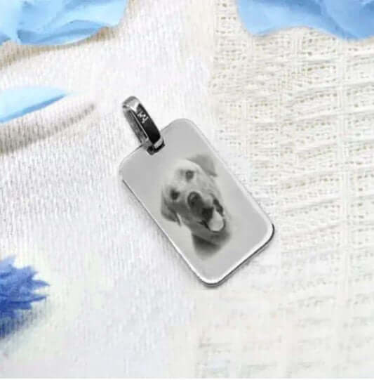 médaillon rectangle en argent gravé avec photo personnalisée d'un chien chien souriant élégant et minimaliste cadeau souvenir personnalisé
