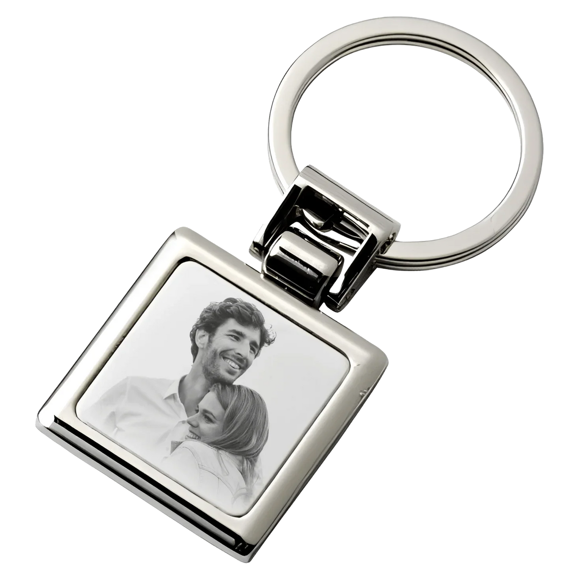Llavero cuadrado con foto grabada GravurePhoto, joyería personalizada en metal plateado con pareja