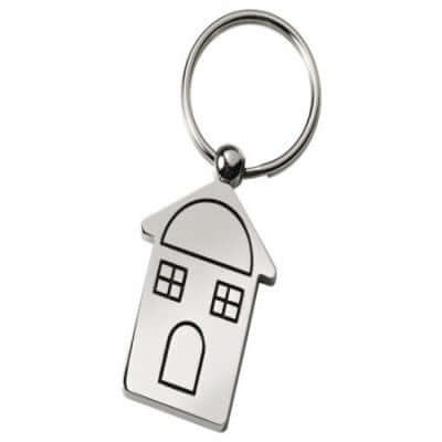 Porte-clé en forme de maisonnette en métal, idéal pour gravure de texte personnalisé.