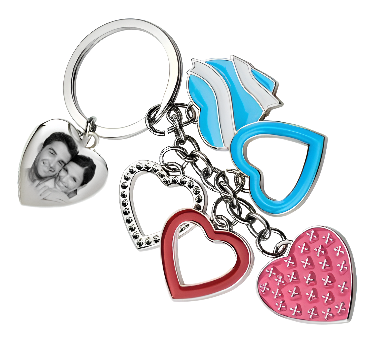 Porte-clés en forme de plusieurs cœurs avec une photo gravée