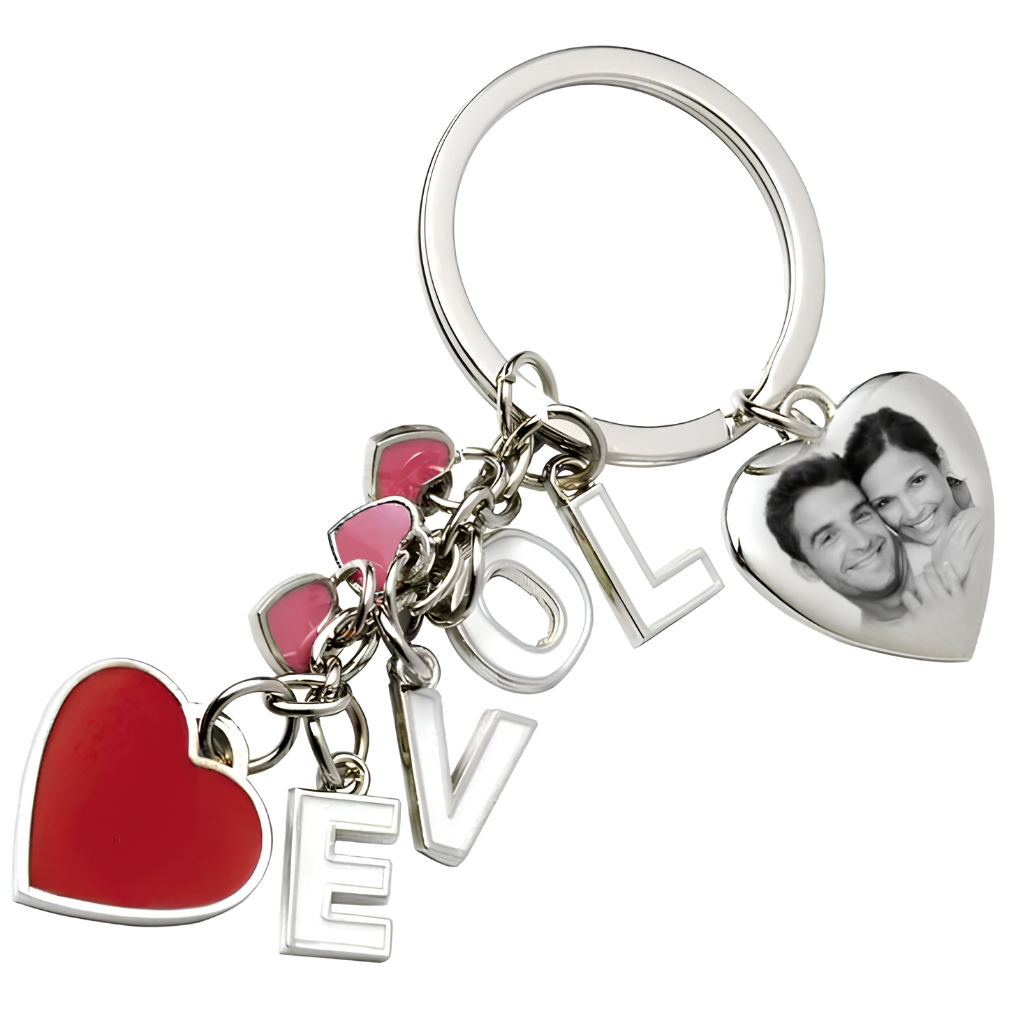 Porte-clés en forme de plusieurs cœurs avec le mot 'Love' et une photo gravée