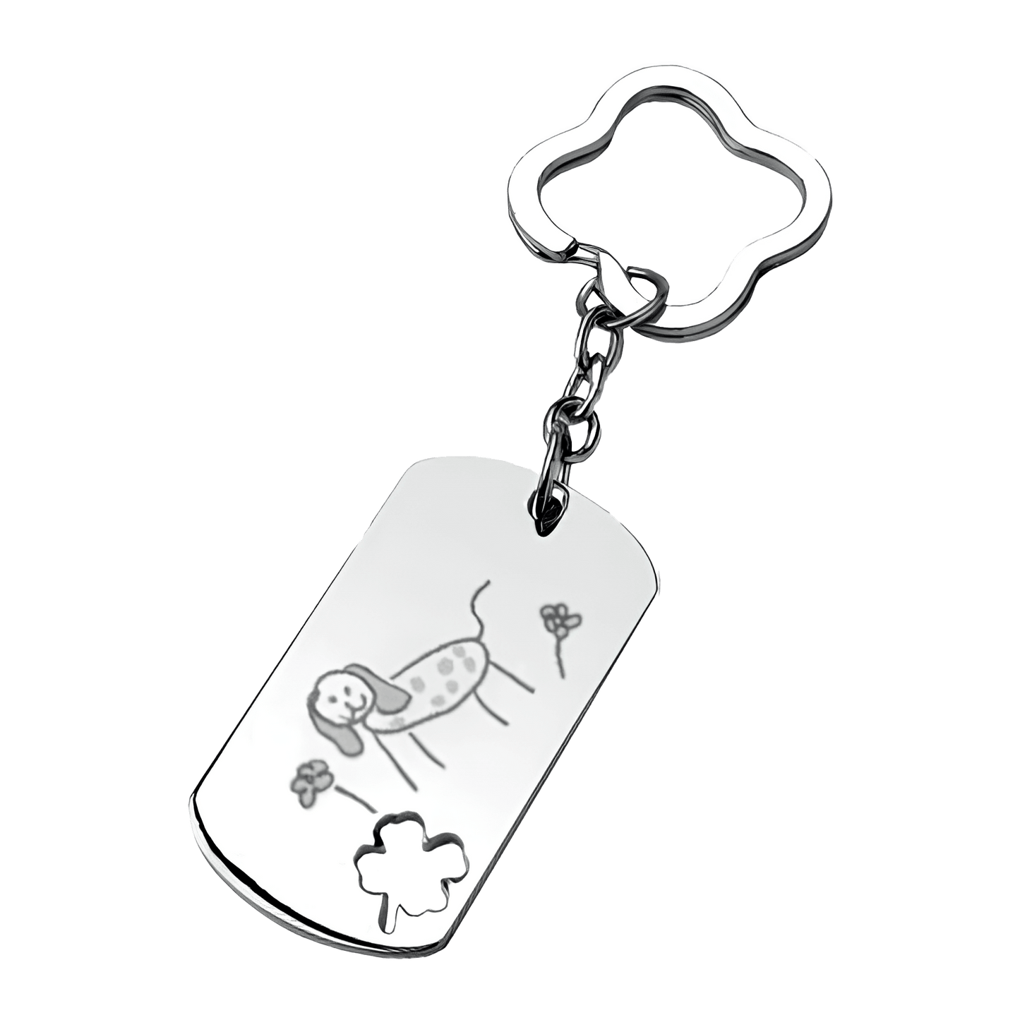 Porte-clés rectangle motif trèfle et dessin gravé