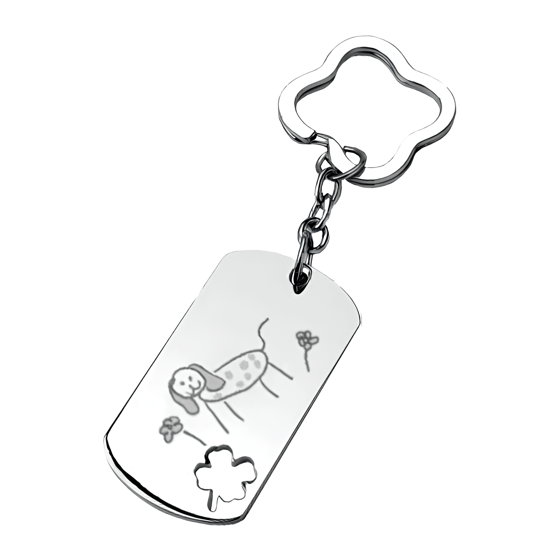 Porte-clés rectangle motif trèfle et dessin gravé