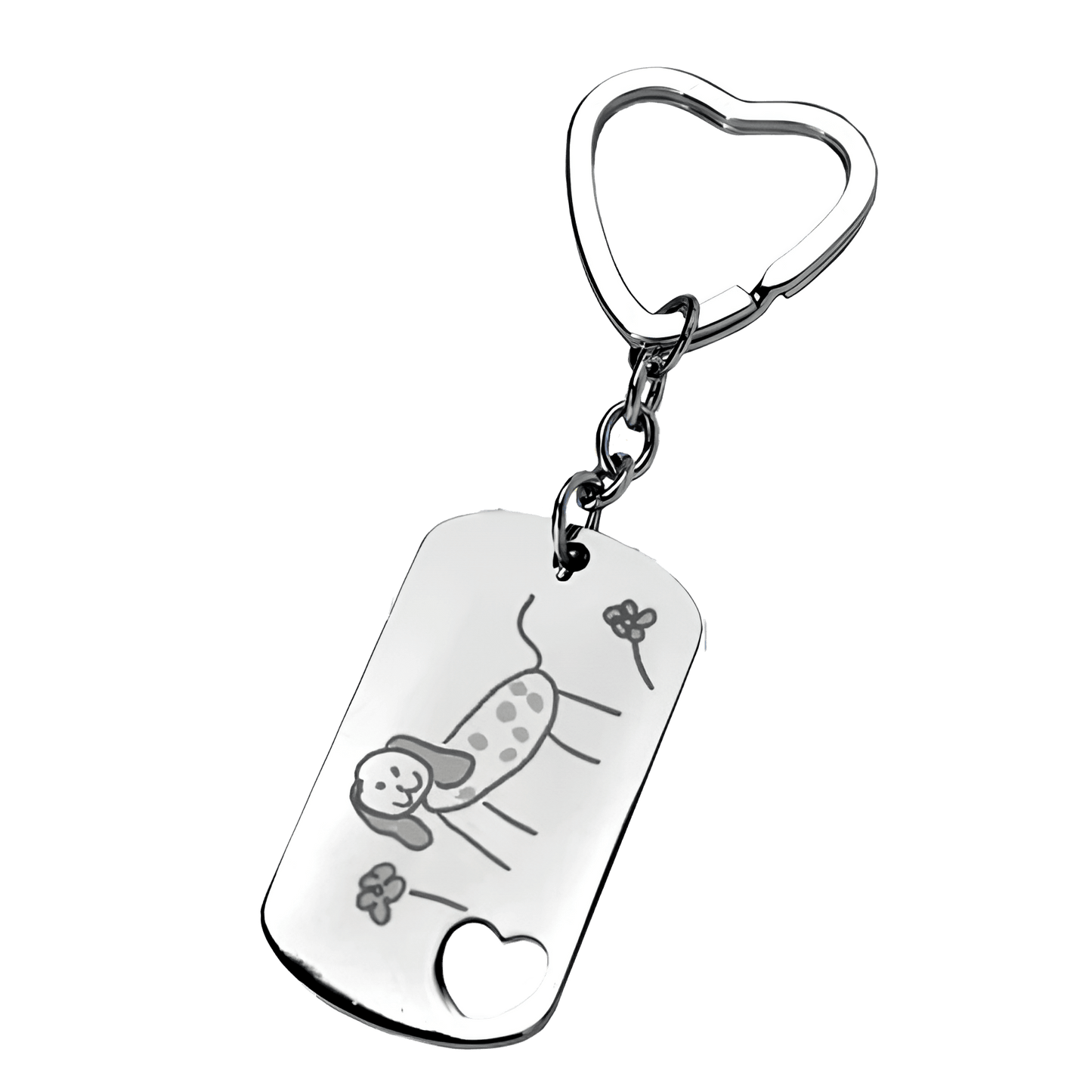 Porte-clés rectangle motif cœur et dessin gravé dans sa boite cadeau