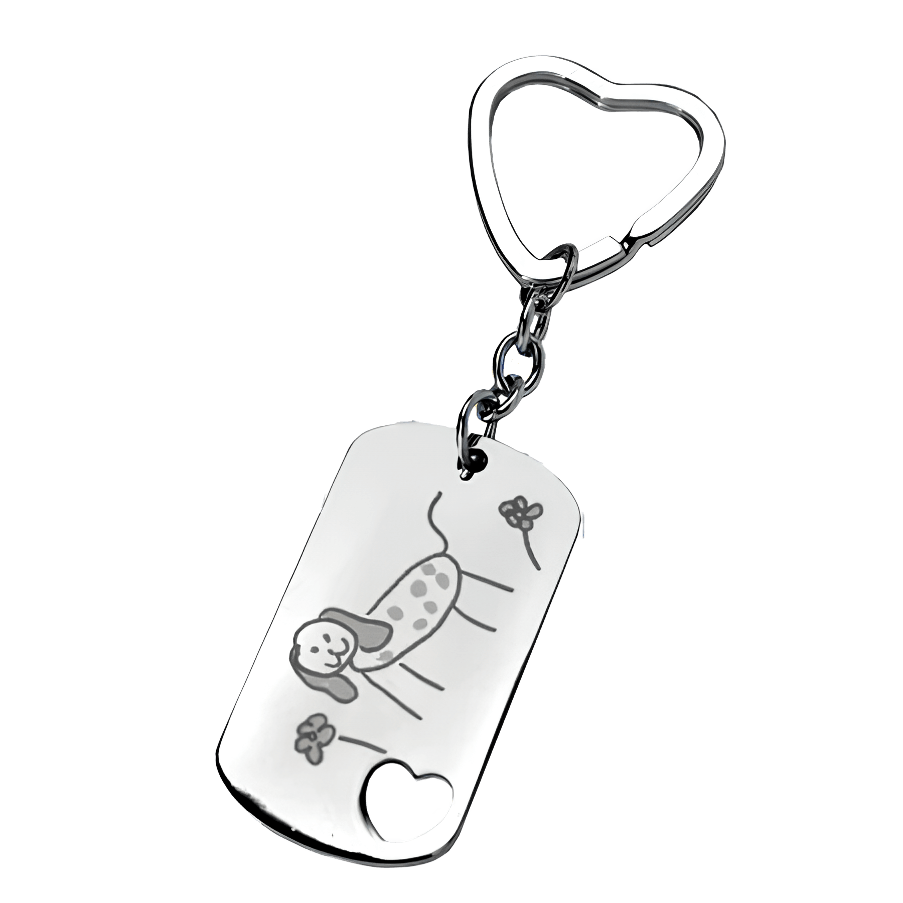 Porte-clés rectangle motif cœur et dessin gravé dans sa boite cadeau