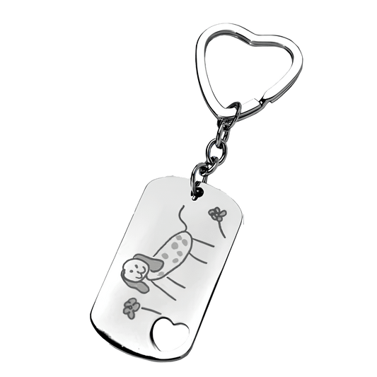 Porte-clés rectangle motif cœur et dessin gravé dans sa boite cadeau