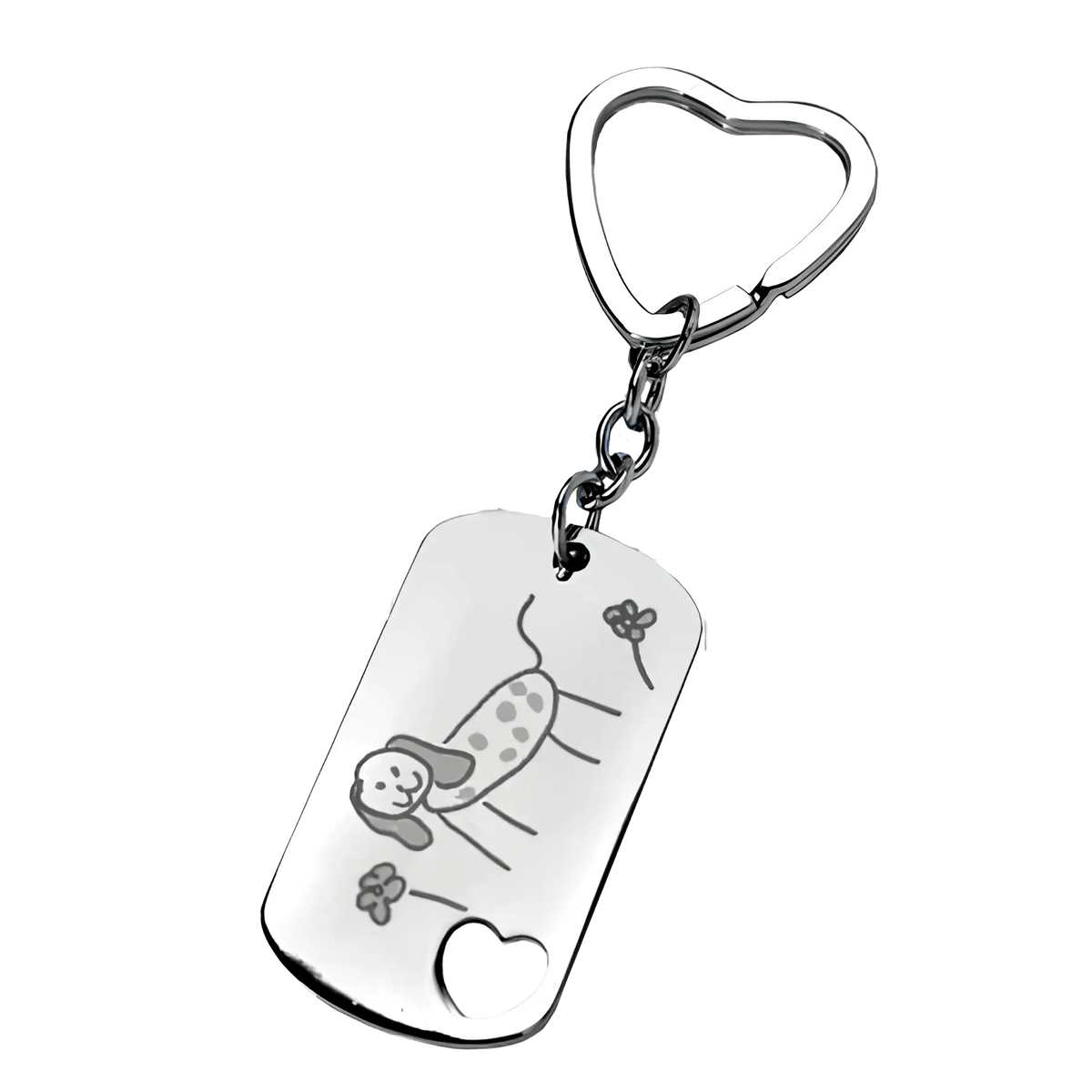 Porte-clés rectangle motif cœur et dessin gravé dans sa boîte cadeau