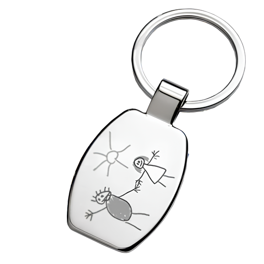 Porte-clés en forme de tonneau avec un dessin d'enfant et une photo gravés