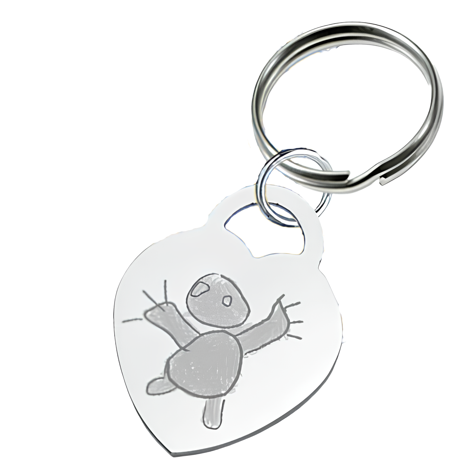 Porte-clés en forme de cœur avec un dessin d'enfant gravé