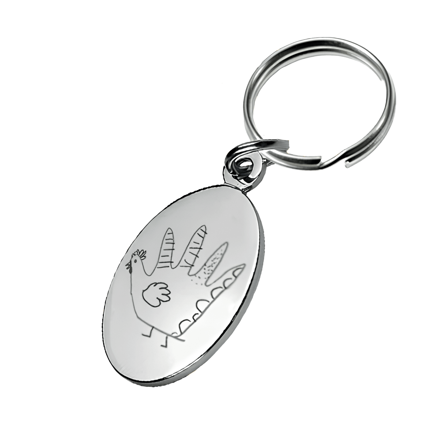 Gravure avec un dessin d'enfant sur un porte-clefs ovale en métal