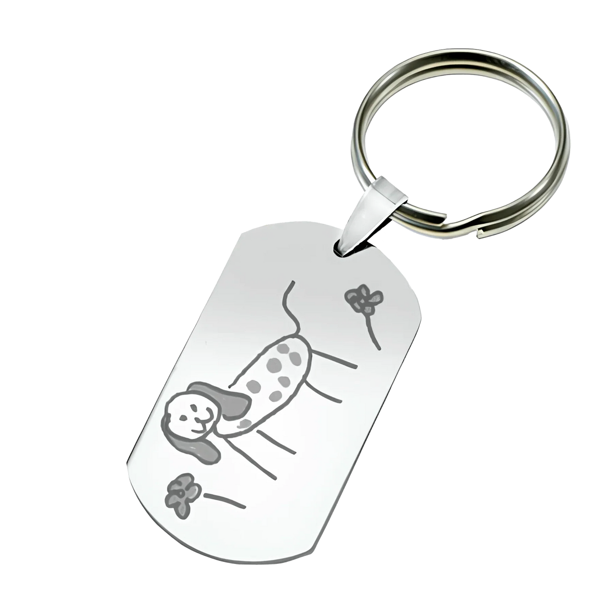 Llavero personalizado con fotograbado rectangular, dibujo infantil grabado de perro y flores