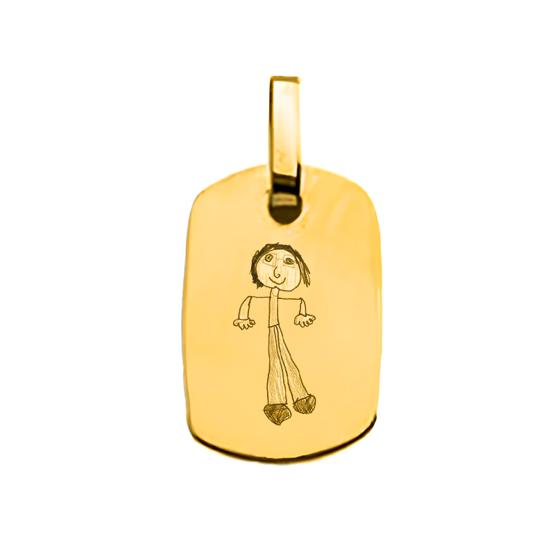 Pendentif en or 18 carats, gravé avec un dessin d'enfant, idéal pour un cadeau familial.