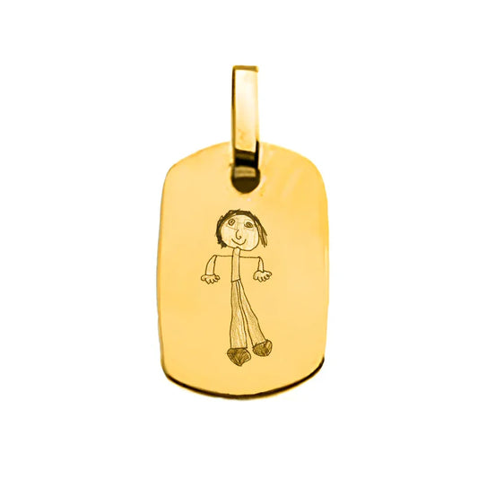 Pendentif en or 18 carats, gravé avec un dessin d'enfant, idéal pour un cadeau familial.