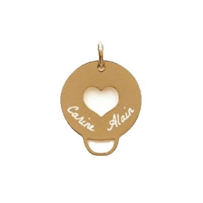 médaillon rond cœur plaqué or 750 3MIC gravé avec prénoms personnalisés cadeau texte offert diamètre 2 cm