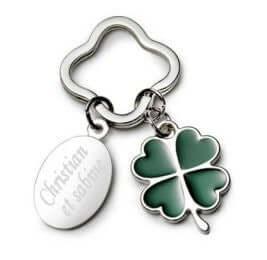 Porte-clés GravurePhoto trèfle à quatre feuilles vert et médaille gravée personnalisée
