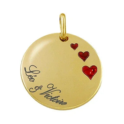 Personalized gold heart pendant Photo Engraving with three red hearts and engraved first names
