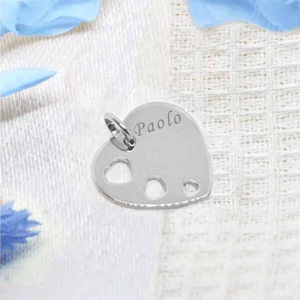 Personalized heart pendant in silver EngravingPhoto, engraved "Paolo", openwork patterns.
