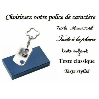 Porte-clés plaque rectangle trèfle photo gravée personnalisable avec boîte cadeau bleue