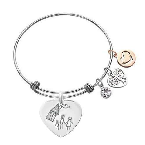 Colgante corazón personalizado en oro GrabadoFoto con dibujo familiar, charms, joya única.