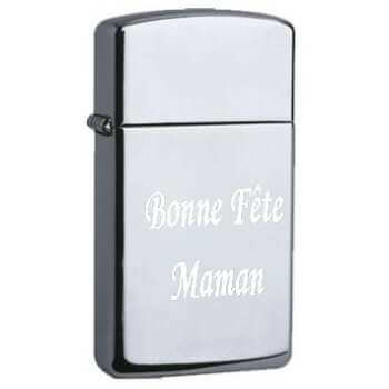 Briquet Zippo fin gravé avec texte Bonne Fête Maman en acier inoxydable brillant