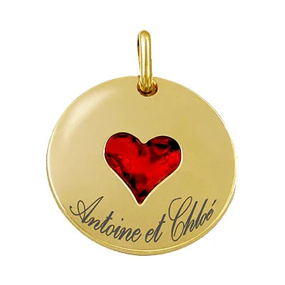 Pendentif cœur personnalisé en or GravurePhoto avec gravure Antoine et Chloé et cœur rouge