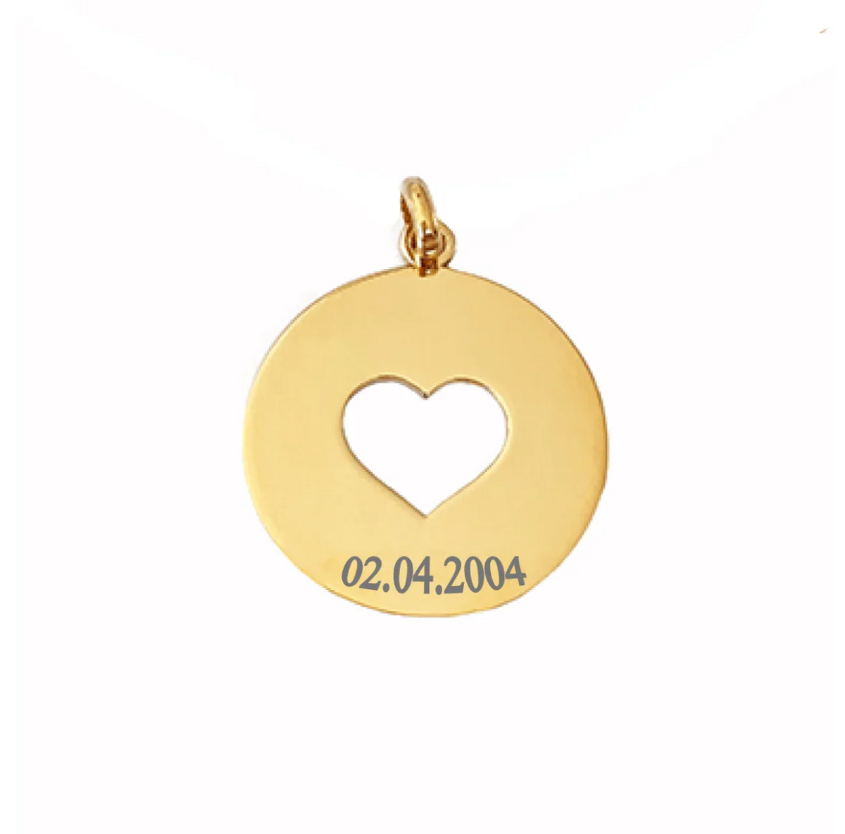 Personalized heart pendant in gold GravurePhoto with engraved date, unique jewel on a white background.