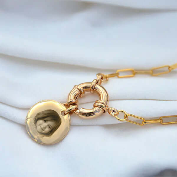 Collier mailles fermoir marin en plaqué or gravé avec une photo, motif, dessin ou texte.