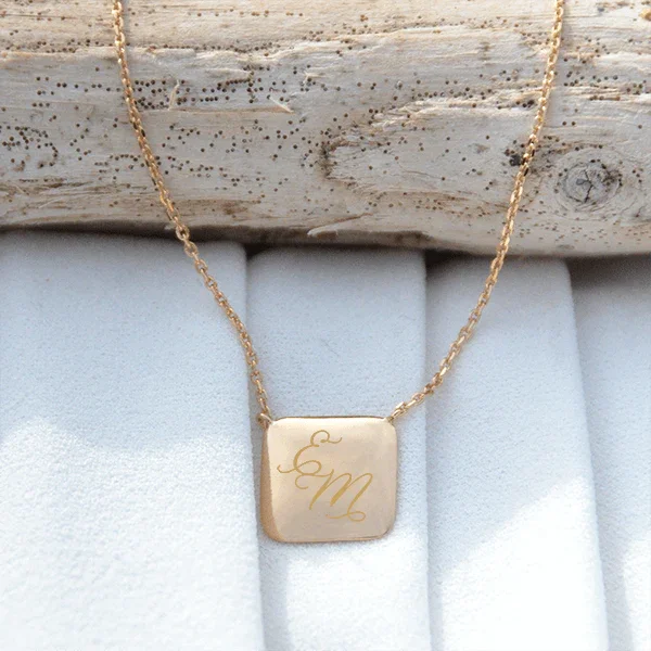 Personalized square gold pendant EngravePhoto with engraved initials, elegant jewelry