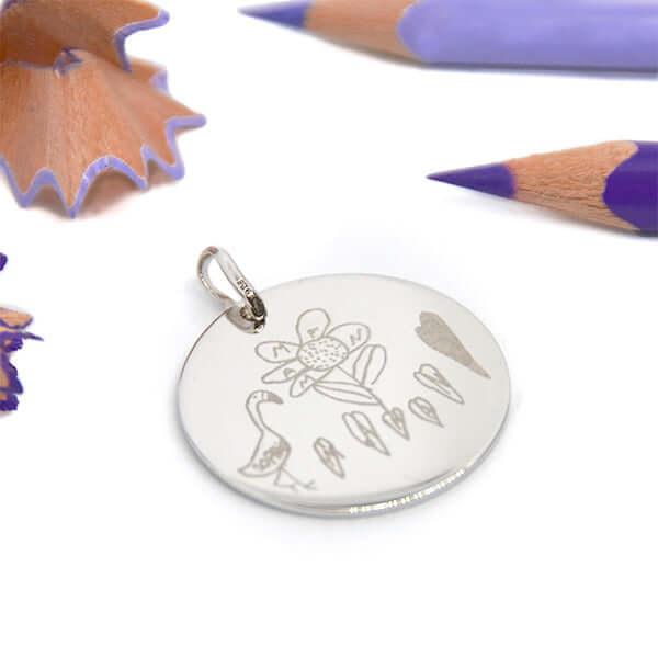 Personalized gold heart pendant Photo Engraving with engraved child's drawing, purple pencils around