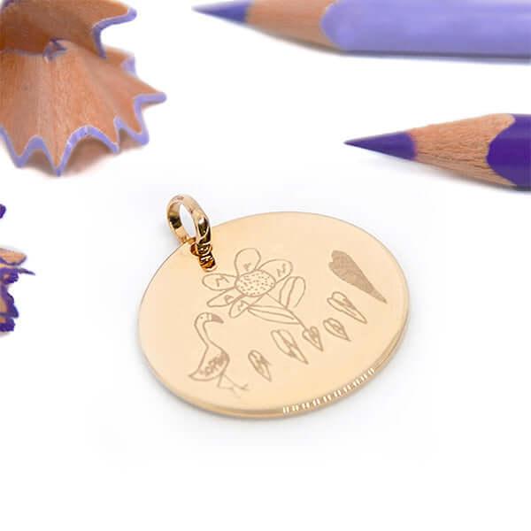 Colgante redondo de oro GrabadoFoto, grabado de dibujo infantil, joyería personalizada francesa
