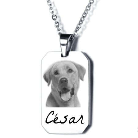 Collier avec une photo gravée sur une plaque rectangle argentée inoxydable de 3,6 x 2,2 cm, chaîne de 50 cm maille forçat.