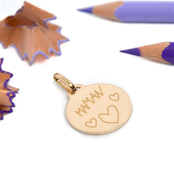 Personalized gold heart pendant Photo Engraving with child's drawing and Mom inscription