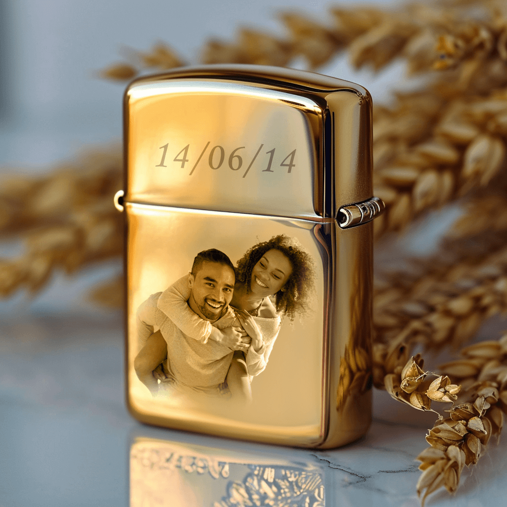 Briquet Zippo couleur doré fin gravé avec une photo en idée cadeau