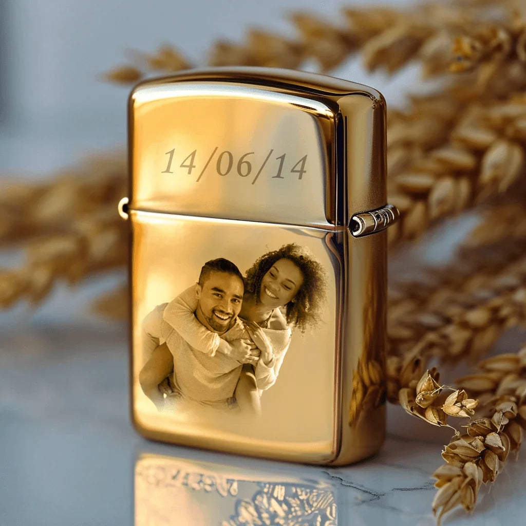 Golden lighter engraved with couple photo and date, Photo Engraving, personalized gift